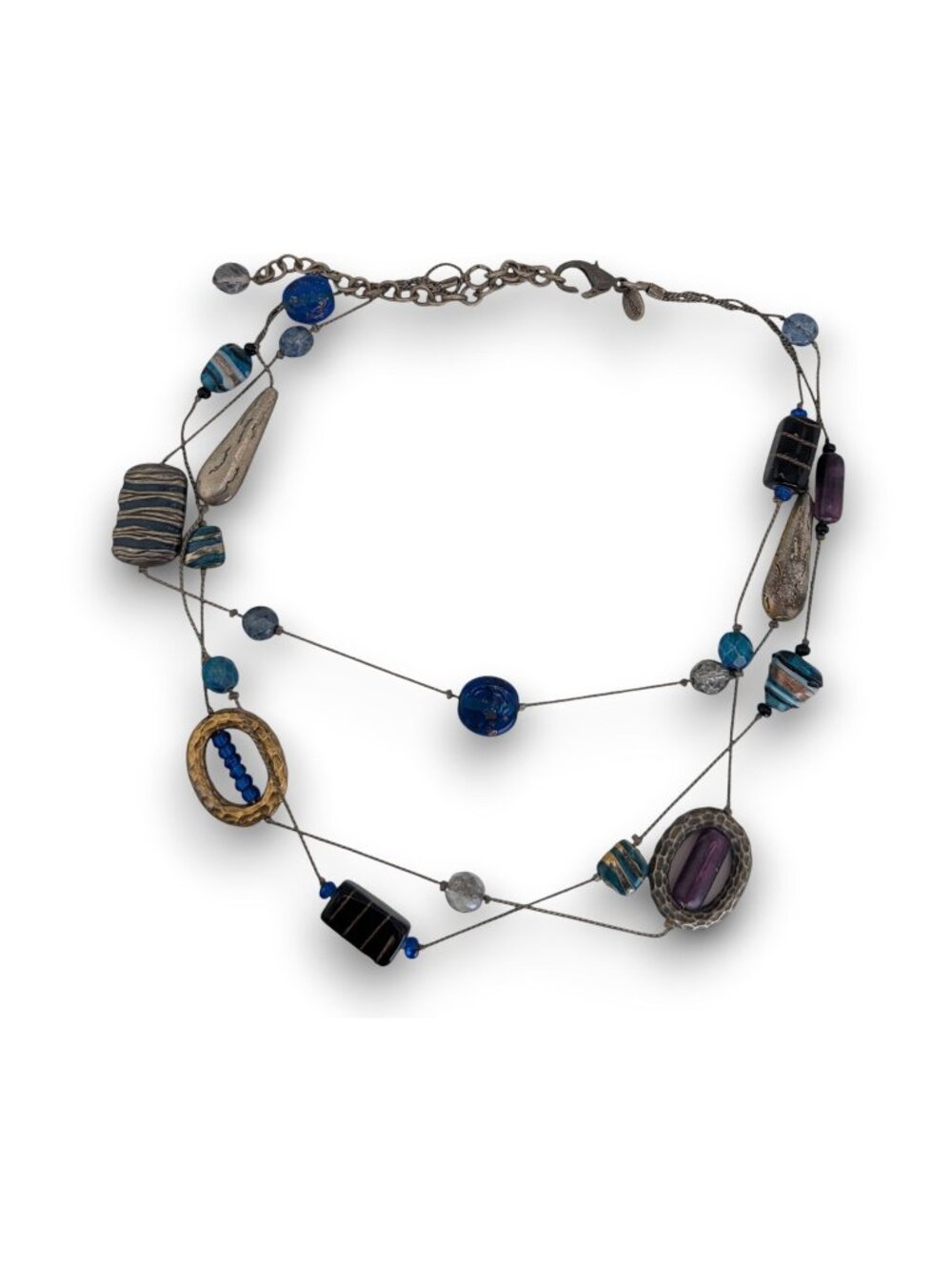 Chicos Vintage Boho Glass Blue Multicolor Station Necklace 15 Inch